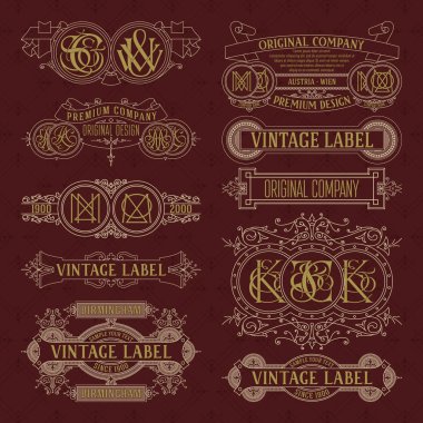 Eski vintage çiçek öğeleri - şeritler, Monogram, çizgili, çizgiler, açılar, sınır, çerçeve, etiket, logo