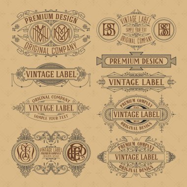 Eski vintage çiçek öğeleri - şeritler, Monogram, çizgili, çizgiler, açılar, sınır, çerçeve, etiket, logo