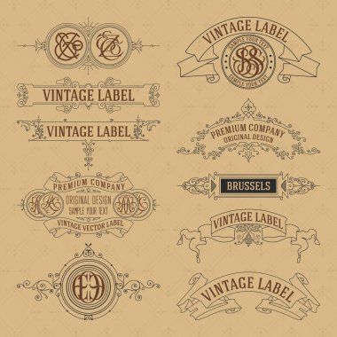 Eski vintage çiçek öğeleri - şeritler, Monogram, çizgili, çizgiler, açılar, sınır, çerçeve, etiket, logo