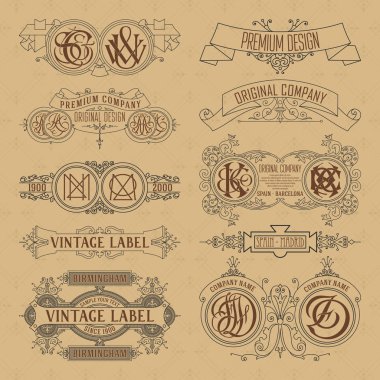 Eski vintage çiçek öğeleri - şeritler, Monogram, çizgili, çizgiler, açılar, sınır, çerçeve, etiket, logo