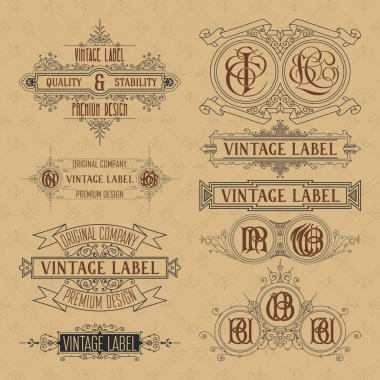 Eski vintage çiçek öğeleri - şeritler, Monogram, çizgili, çizgiler, açılar, sınır, çerçeve, etiket, logo