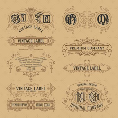 Eski vintage çiçek öğeleri - şeritler, Monogram, çizgili, çizgiler, açılar, sınır, çerçeve, etiket, logo
