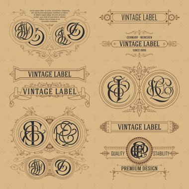 Eski vintage çiçek öğeleri - şeritler, Monogram, çizgili, çizgiler, açılar, sınır, çerçeve, etiket, logo
