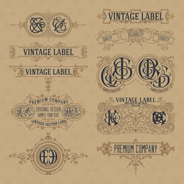 Eski vintage çiçek öğeleri - şeritler, Monogram, çizgili, çizgiler, açılar, sınır, çerçeve, etiket, logo