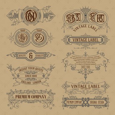 Eski vintage çiçek öğeleri - şeritler, Monogram, çizgili, çizgiler, açılar, sınır, çerçeve, etiket, logo