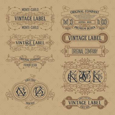 Eski vintage çiçek öğeleri - şeritler, Monogram, çizgili, çizgiler, açılar, sınır, çerçeve, etiket, logo