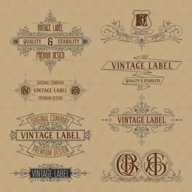 Eski vintage çiçek öğeleri - şeritler, Monogram, çizgili, çizgiler, açılar, sınır, çerçeve, etiket, logo