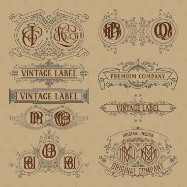Eski vintage çiçek öğeleri - şeritler, Monogram, çizgili, çizgiler, açılar, sınır, çerçeve, etiket, logo