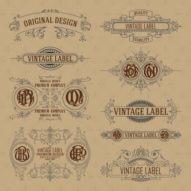 Eski vintage çiçek öğeleri - şeritler, Monogram, çizgili, çizgiler, açılar, sınır, çerçeve, etiket, logo