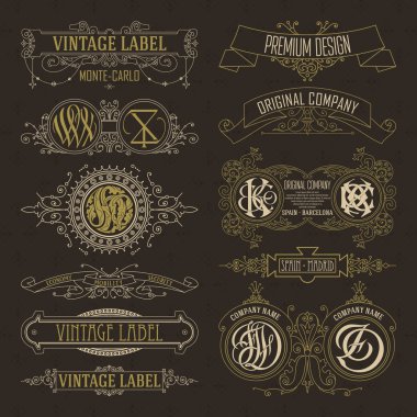 Eski vintage çiçek öğeleri - şeritler, Monogram, çizgili, çizgiler, açılar, sınır, çerçeve, etiket, logo