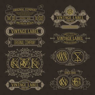 Eski vintage çiçek öğeleri - şeritler, Monogram, çizgili, çizgiler, açılar, sınır, çerçeve, etiket, logo
