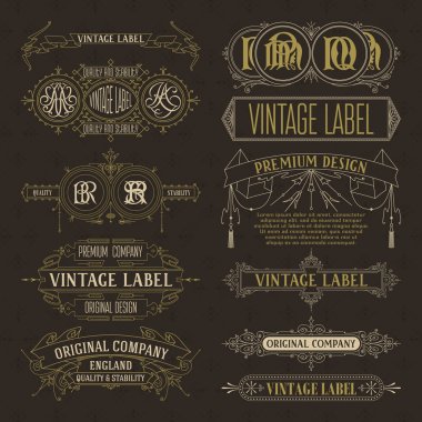 Eski vintage çiçek öğeleri - şeritler, Monogram, çizgili, çizgiler, açılar, sınır, çerçeve, etiket, logo