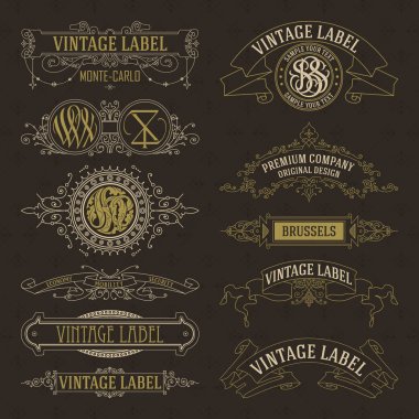 Eski vintage çiçek öğeleri - şeritler, Monogram, çizgili, çizgiler, açılar, sınır, çerçeve, etiket, logo