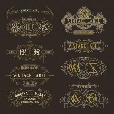 Eski vintage çiçek öğeleri - şeritler, Monogram, çizgili, çizgiler, açılar, sınır, çerçeve, etiket, logo