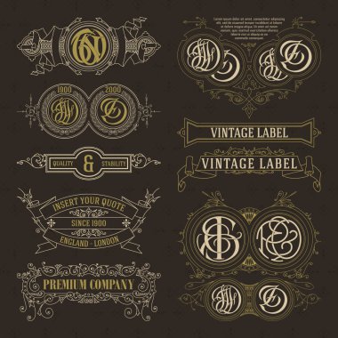 Eski vintage çiçek öğeleri - şeritler, Monogram, çizgili, çizgiler, açılar, sınır, çerçeve, etiket, logo