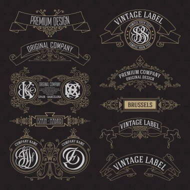 Eski vintage çiçek öğeleri - şeritler, Monogram, çizgili, çizgiler, açılar, sınır, çerçeve, etiket, logo