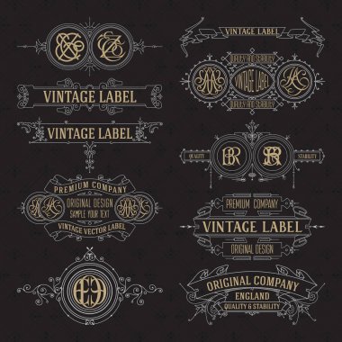 Eski vintage çiçek öğeleri - şeritler, Monogram, çizgili, çizgiler, açılar, sınır, çerçeve, etiket, logo