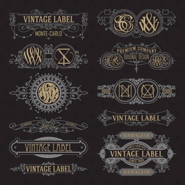 Eski vintage çiçek öğeleri - şeritler, Monogram, çizgili, çizgiler, açılar, sınır, çerçeve, etiket, logo