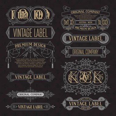 Eski vintage çiçek öğeleri - şeritler, Monogram, çizgili, çizgiler, açılar, sınır, çerçeve, etiket, logo