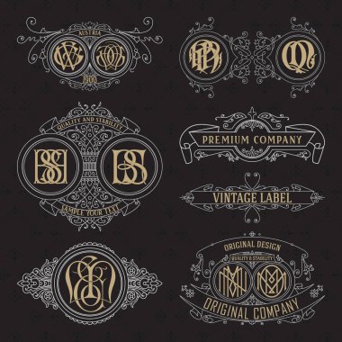 Eski vintage çiçek öğeleri - şeritler, Monogram, çizgili, çizgiler, açılar, sınır, çerçeve, etiket, logo