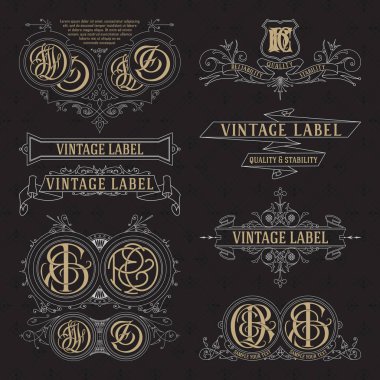 Eski vintage çiçek öğeleri - şeritler, Monogram, çizgili, çizgiler, açılar, sınır, çerçeve, etiket, logo
