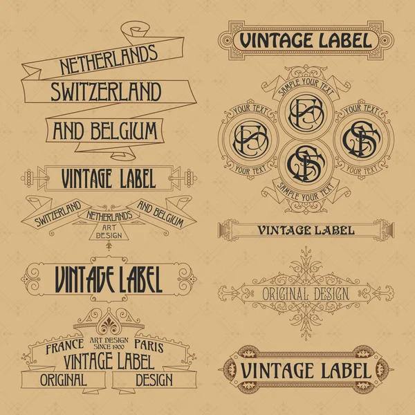 Éléments floraux anciens rubans, monogrammes, rayures, lignes, angles, bordure, cadre, étiquette, logo — Image vectorielle