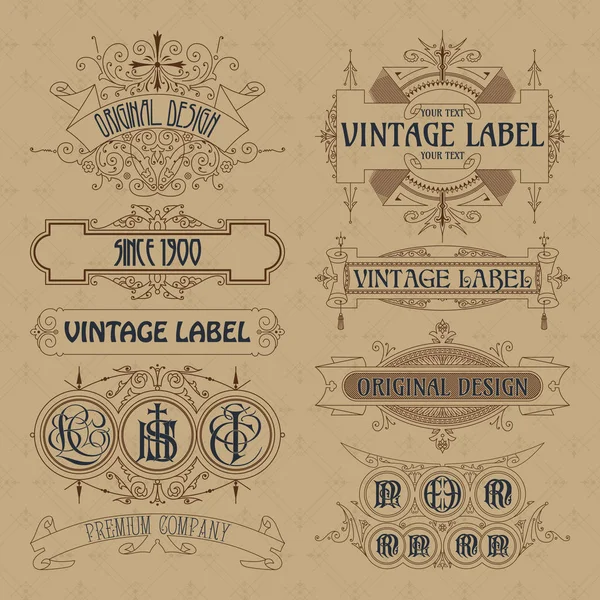 Régi vintage virágos elemek - szalagok, monogramja, csíkok, vonalak, szögek, határ, keret, felirat, logó — Stock Vector