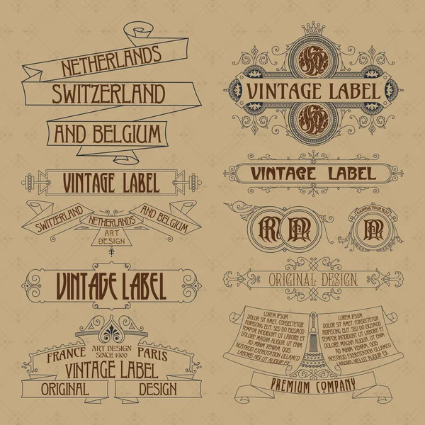 Régi vintage virágos elemek - szalagok, monogramja, csíkok, vonalak, szögek, határ, keret, felirat, logó — Stock Vector