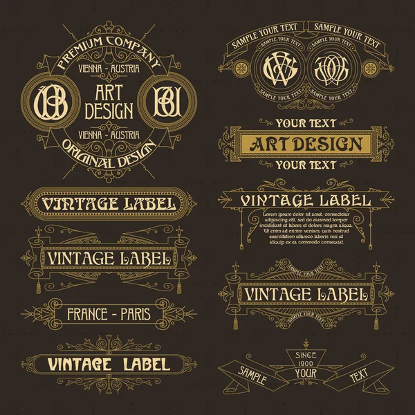 Éléments floraux anciens rubans, monogrammes, rayures, lignes, angles, bordure, cadre, étiquette, logo — Image vectorielle