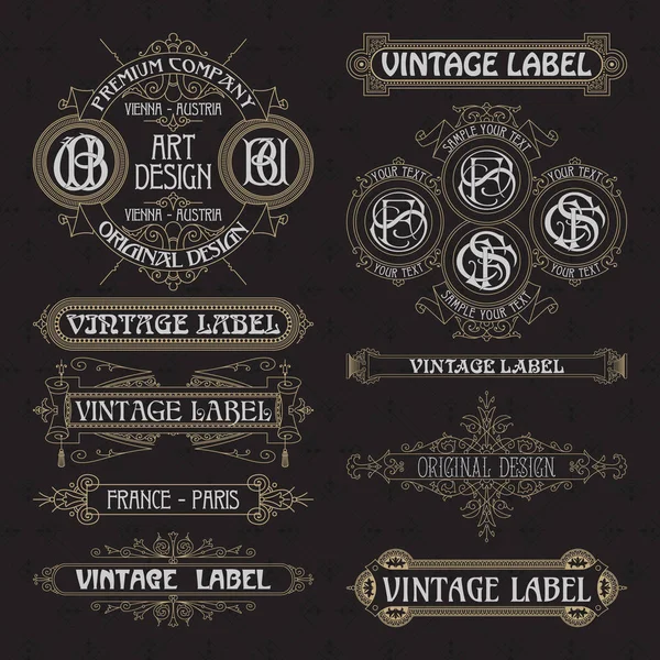 Régi vintage virágos elemek - szalagok, monogramja, csíkok, vonalak, szögek, határ, keret, felirat, logó — Stock Vector