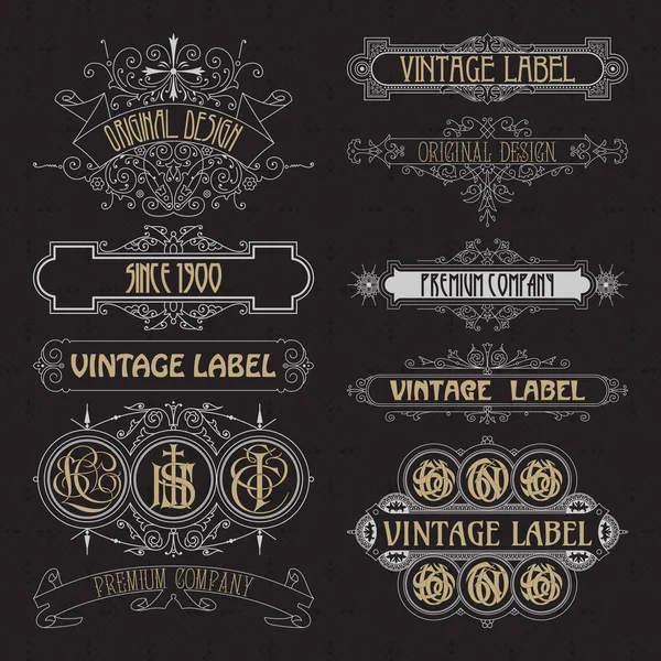 Régi vintage virágos elemek - szalagok, monogramja, csíkok, vonalak, szögek, határ, keret, felirat, logó — Stock Vector