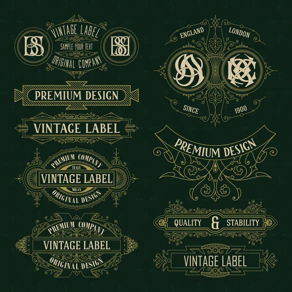 Éléments floraux anciens rubans, monogrammes, rayures, lignes, angles, bordure, cadre, étiquette, logo — Image vectorielle