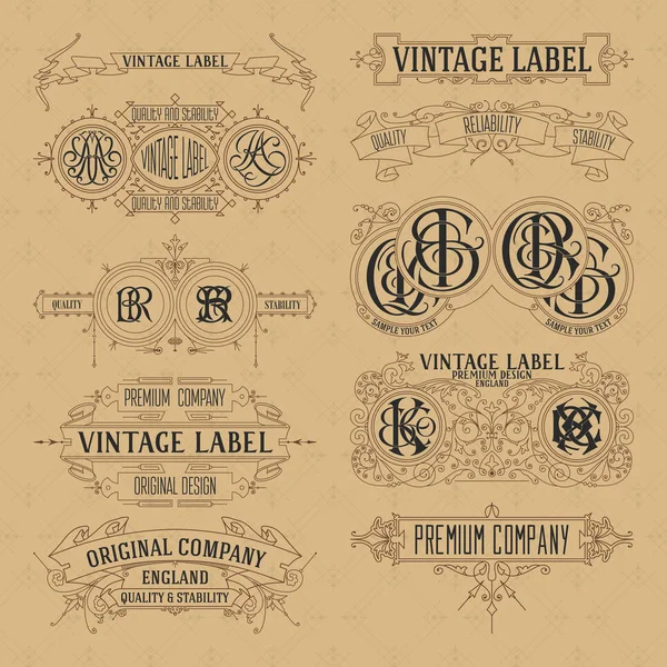 Éléments floraux anciens rubans, monogrammes, rayures, lignes, angles, bordure, cadre, étiquette, logo — Image vectorielle