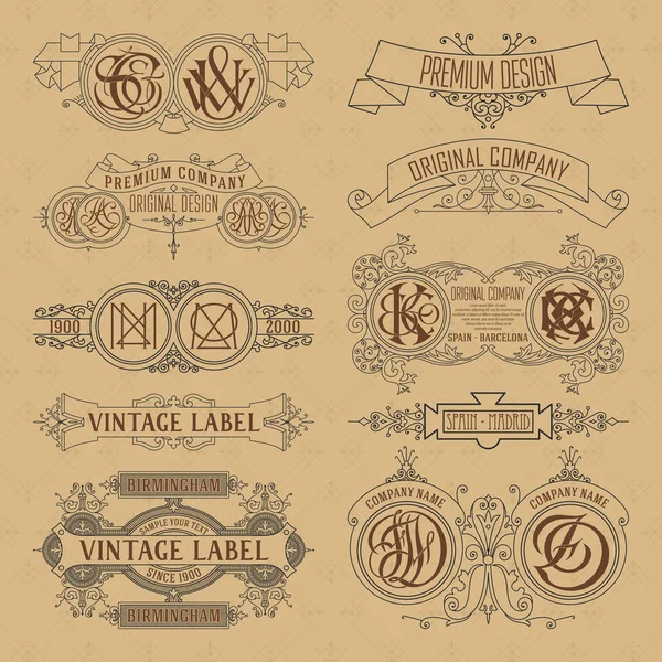 Éléments floraux anciens rubans, monogrammes, rayures, lignes, angles, bordure, cadre, étiquette, logo — Image vectorielle