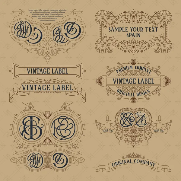 Éléments floraux anciens rubans, monogrammes, rayures, lignes, angles, bordure, cadre, étiquette, logo — Image vectorielle