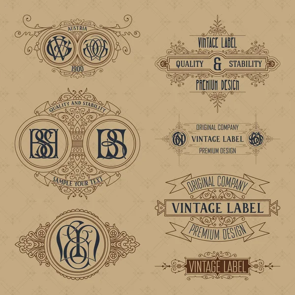 Éléments floraux anciens rubans, monogrammes, rayures, lignes, angles, bordure, cadre, étiquette, logo — Image vectorielle