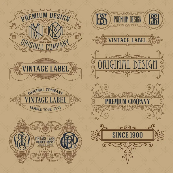 Éléments floraux anciens rubans, monogrammes, rayures, lignes, angles, bordure, cadre, étiquette, logo — Image vectorielle
