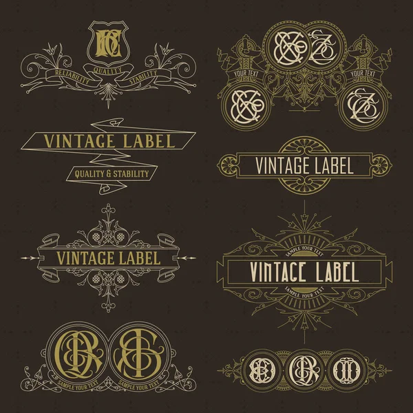 Régi vintage virágos elemek - szalagok, monogramja, csíkok, vonalak, szögek, határ, keret, felirat, logó — Stock Vector