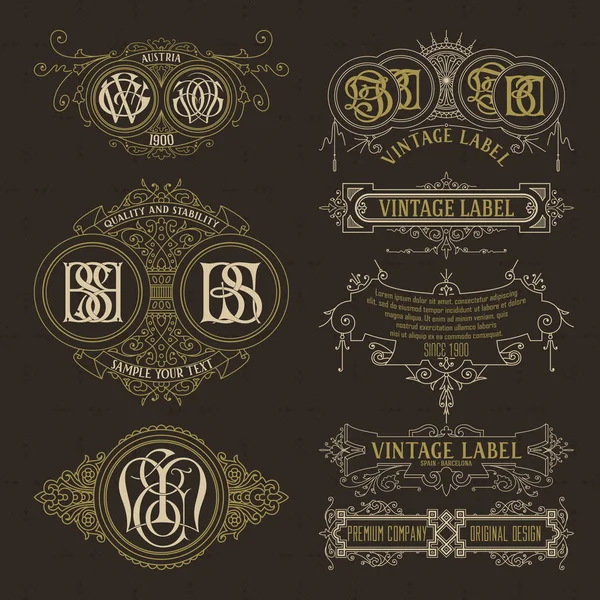 Oude vintage bloemen elementen - linten, monogrammen, strepen, lijnen, hoeken, rand, frame, etiket, logo — Stockvector