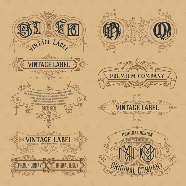 Old vintage floral elements - ribbons, monograms, stripes, lines, angles,border, frame,label, logo Stock Vector