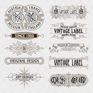 Eski vintage çiçek öğeleri - şeritler, Monogram, çizgili, çizgiler, açılar, sınır, çerçeve, etiket, logo - vektörel çizimler