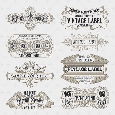 Eski vintage çiçek öğeleri - şeritler, Monogram, çizgili, çizgiler, açılar, sınır, çerçeve, etiket, logo - vektörel çizimler