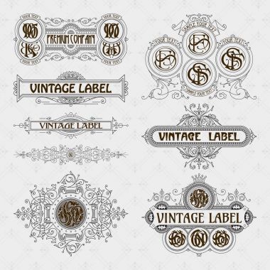 Eski vintage çiçek öğeleri - şeritler, Monogram, çizgili, çizgiler, açılar, sınır, çerçeve, etiket, logo - vektörel çizimler