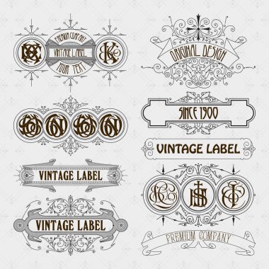 Eski vintage çiçek öğeleri - şeritler, Monogram, çizgili, çizgiler, açılar, sınır, çerçeve, etiket, logo - vektörel çizimler