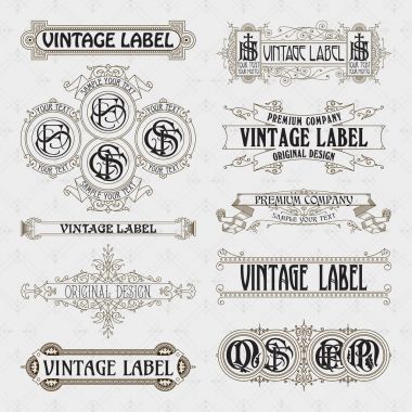 Eski vintage çiçek öğeleri - şeritler, Monogram, çizgili, çizgiler, açılar, sınır, çerçeve, etiket, logo - vektörel çizimler