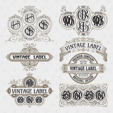 Eski vintage çiçek öğeleri - şeritler, Monogram, çizgili, çizgiler, açılar, sınır, çerçeve, etiket, logo - vektörel çizimler
