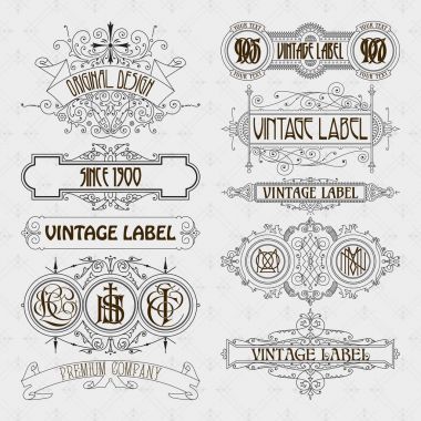 Eski vintage çiçek öğeleri - şeritler, Monogram, çizgili, çizgiler, açılar, sınır, çerçeve, etiket, logo - vektörel çizimler
