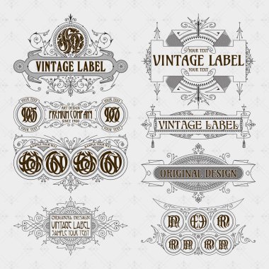 Eski vintage çiçek öğeleri - şeritler, Monogram, çizgili, çizgiler, açılar, sınır, çerçeve, etiket, logo - vektörel çizimler