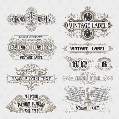Eski vintage çiçek öğeleri - şeritler, Monogram, çizgili, çizgiler, açılar, sınır, çerçeve, etiket, logo - vektörel çizimler
