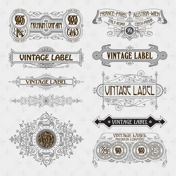 Eski vintage çiçek öğeleri - şeritler, Monogram, çizgili, çizgiler, açılar, sınır, çerçeve, etiket, logo - vektörel çizimler